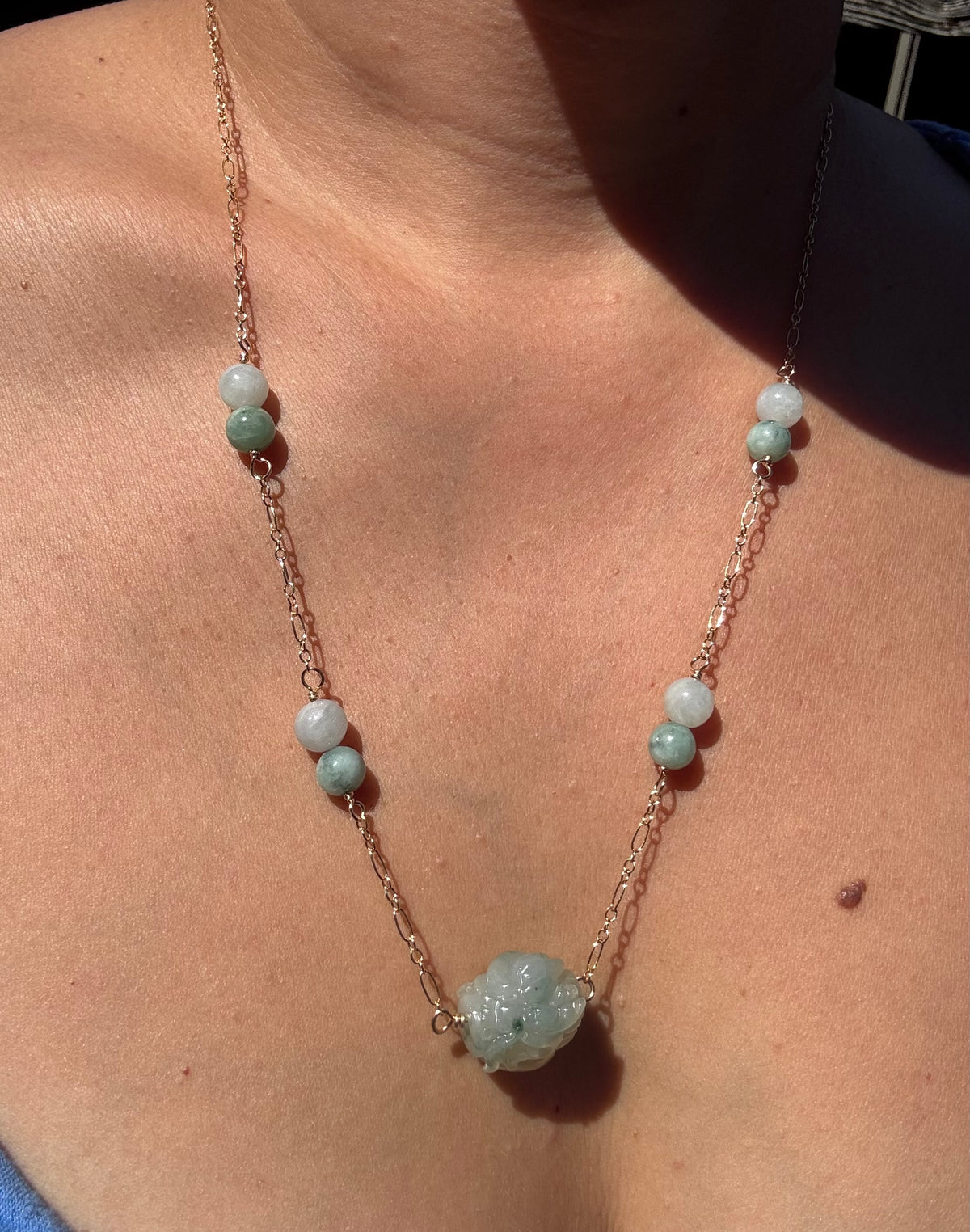 Jade Dragon carved bead on a gold filled chain
