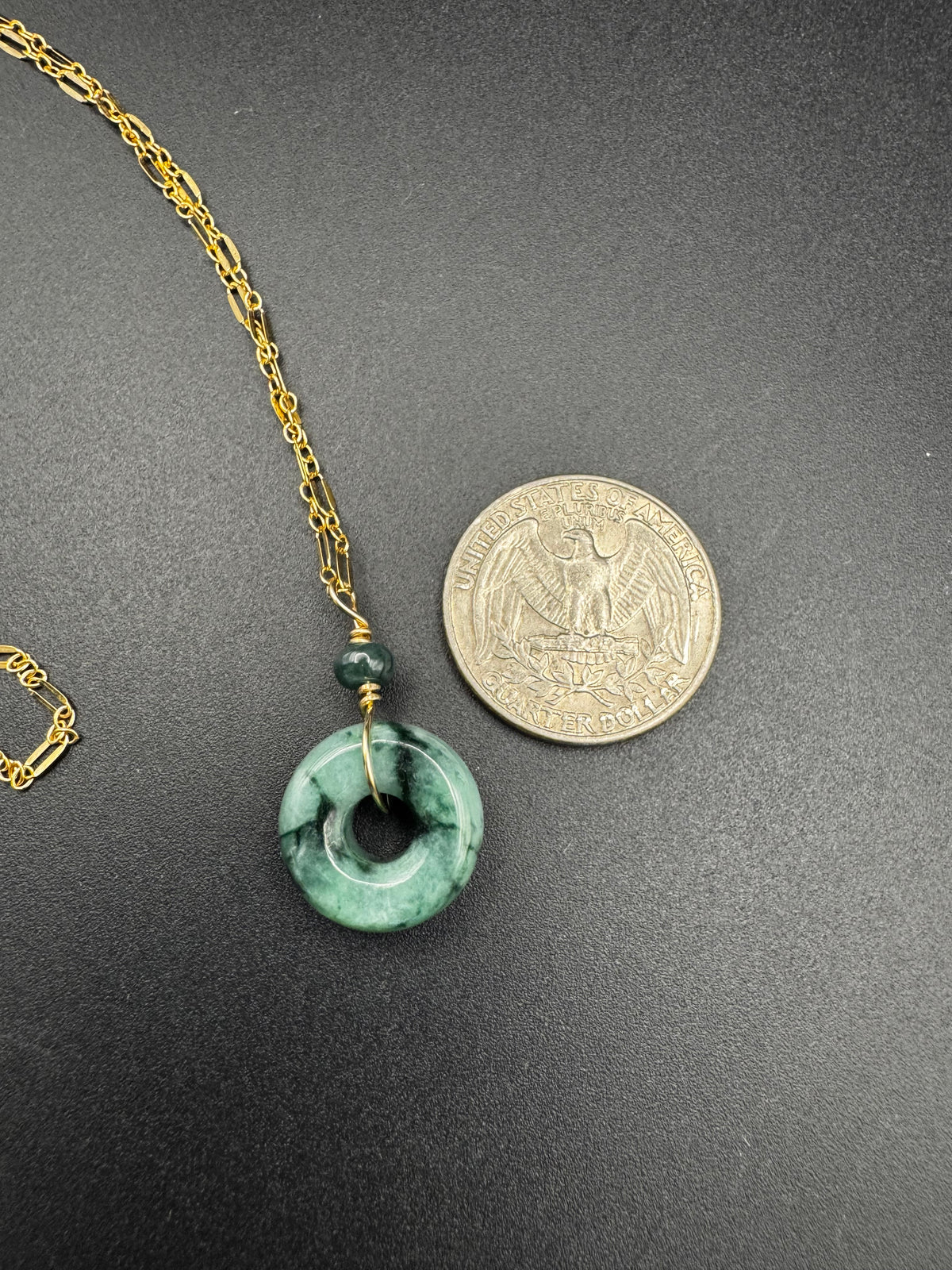 Jade big hole donut and bead accent on gold filled chain