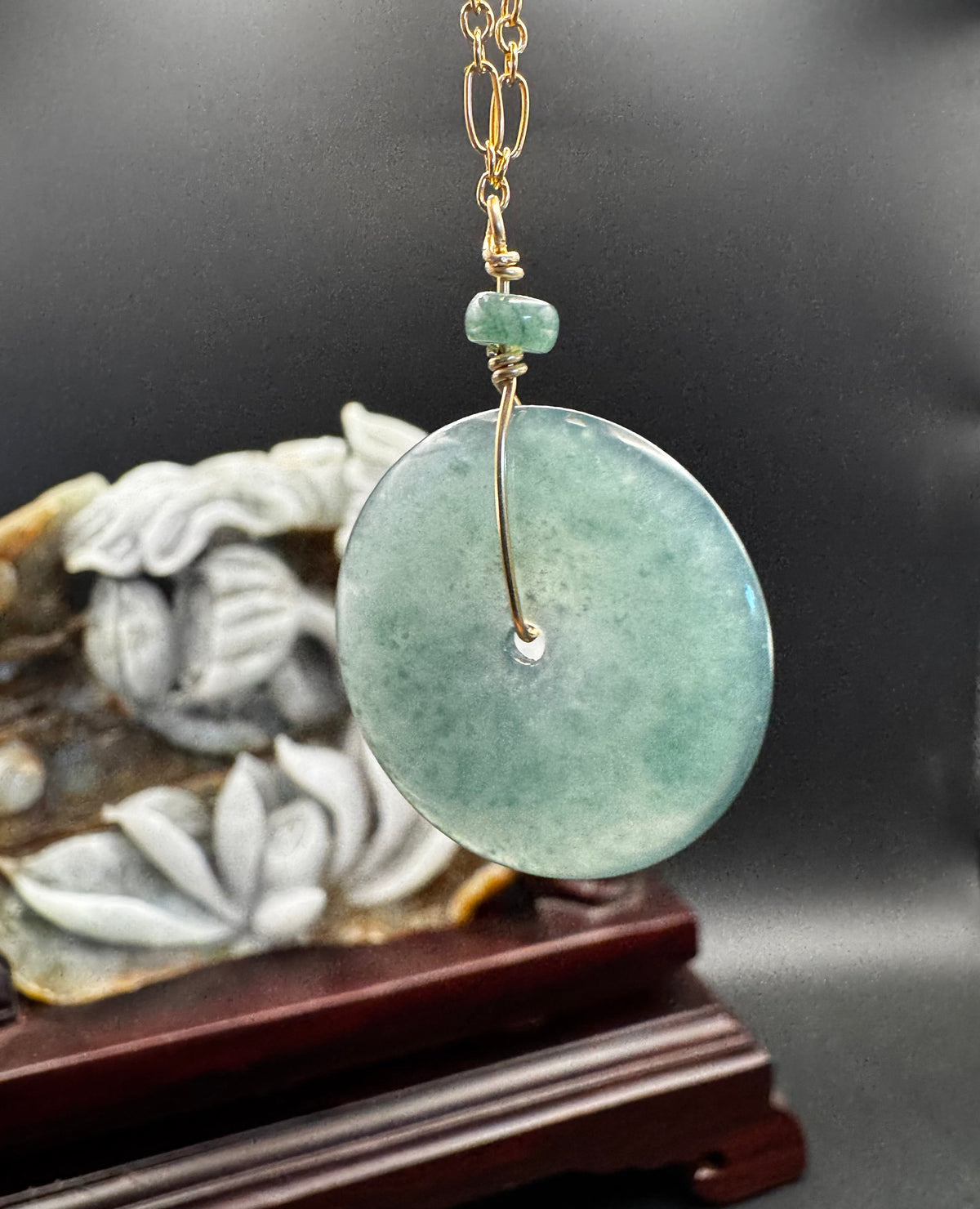 Blue Water Jade donut and beads on gold filled chain
