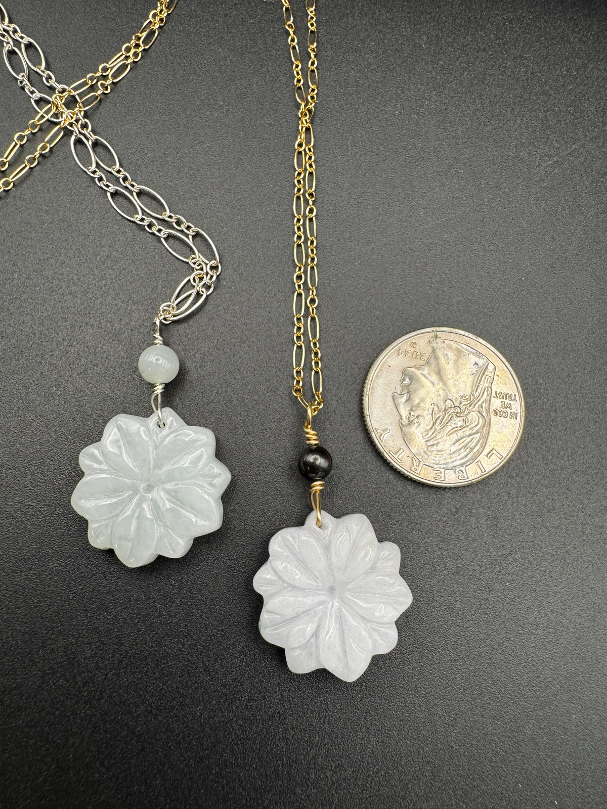 Jade Flower pendants on gold filled chains