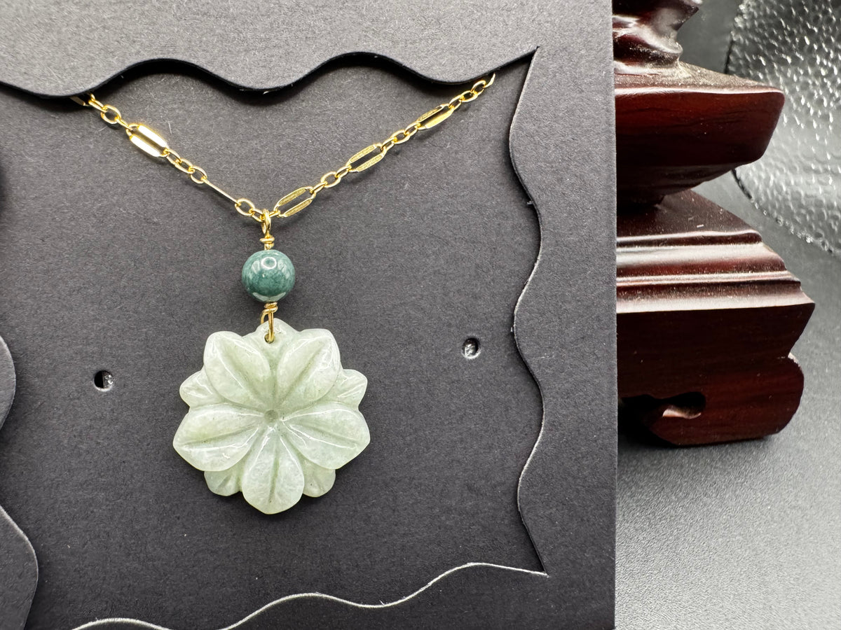 Jade Flower pendants on gold filled chains