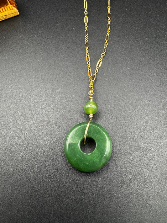 Hetian Jade big hole donut on Gold Filled Necklace