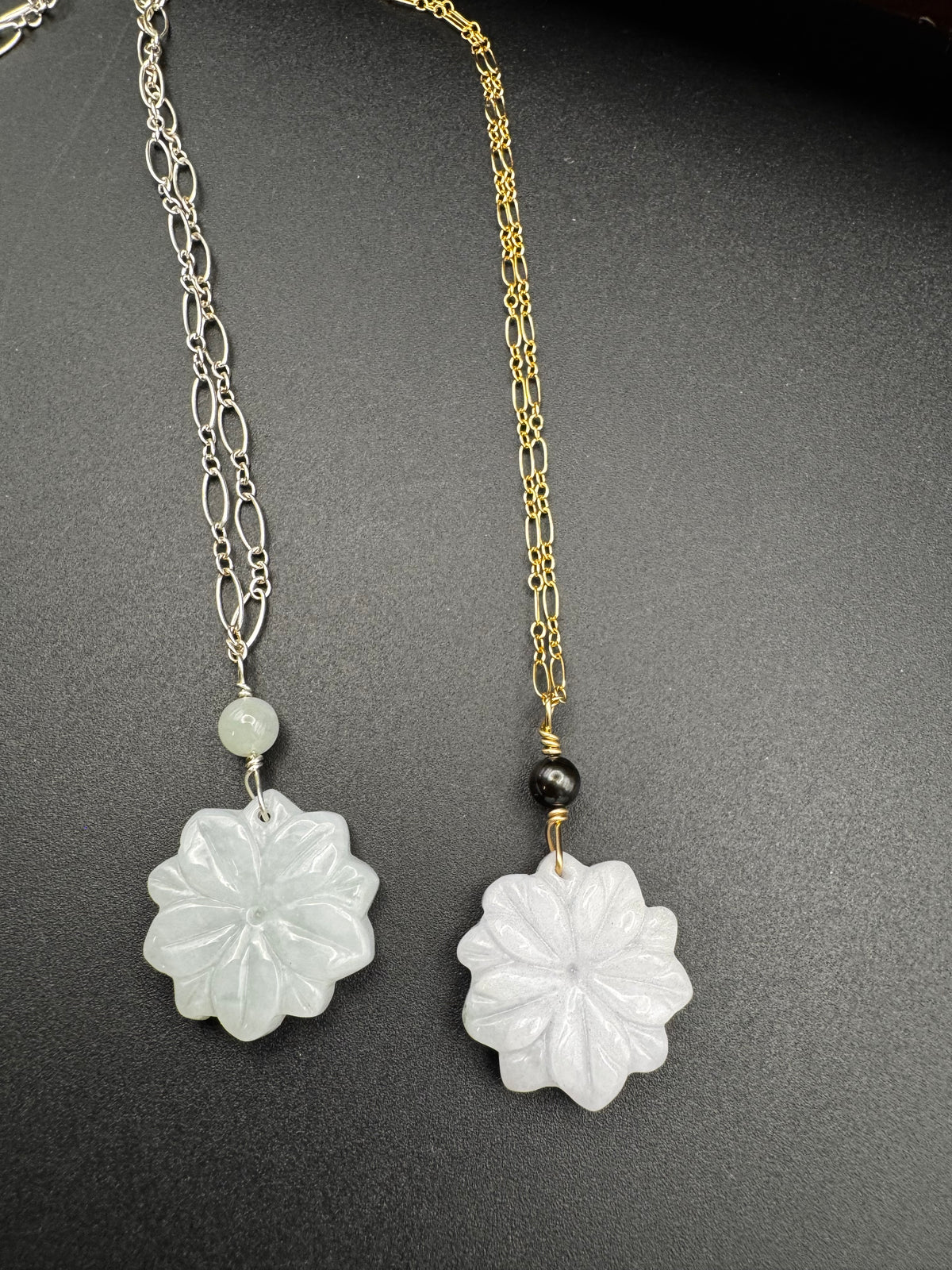 Jade Flower pendants on gold filled chains