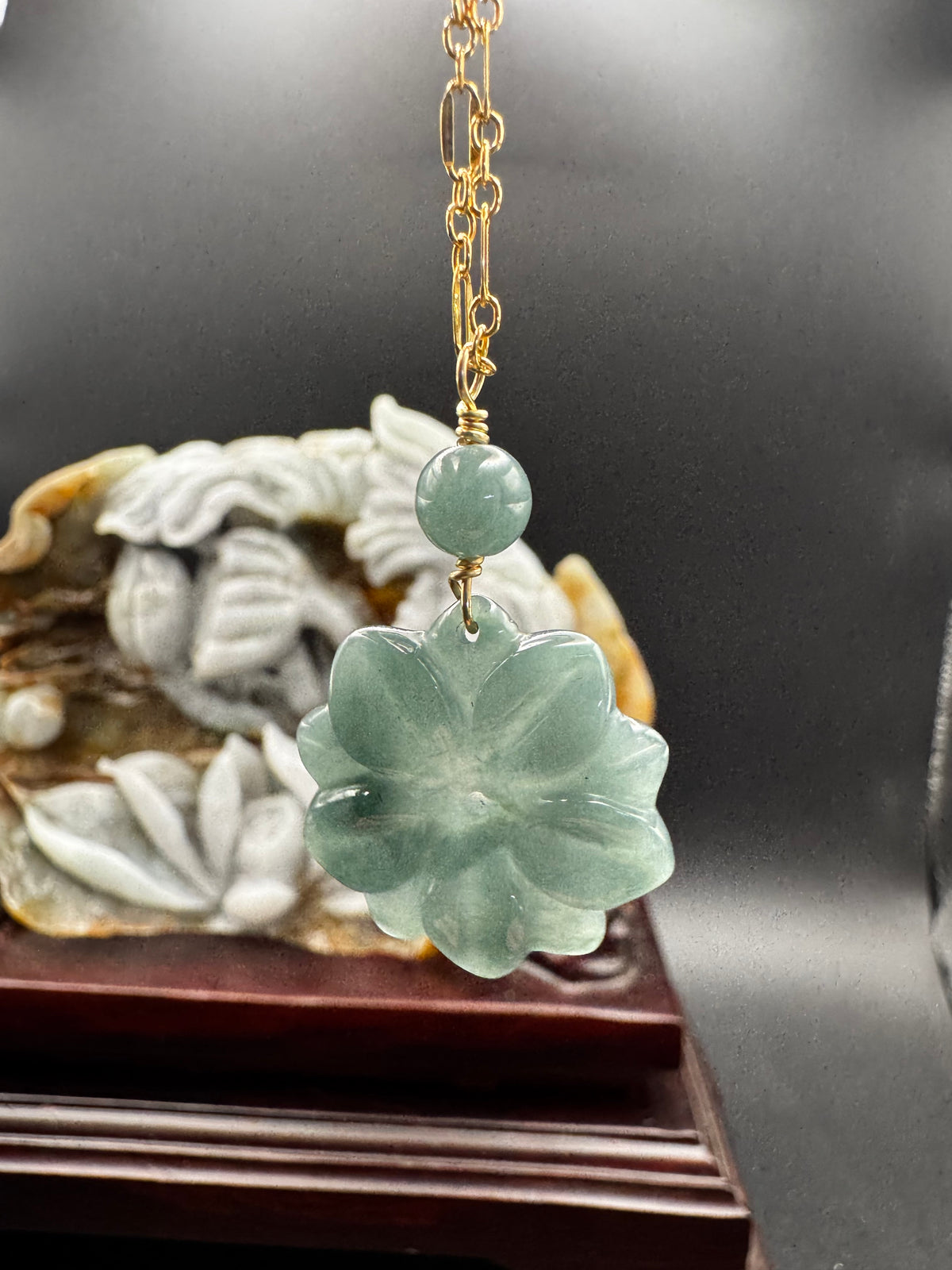 Blue Water Jade Flower on gold filled chain