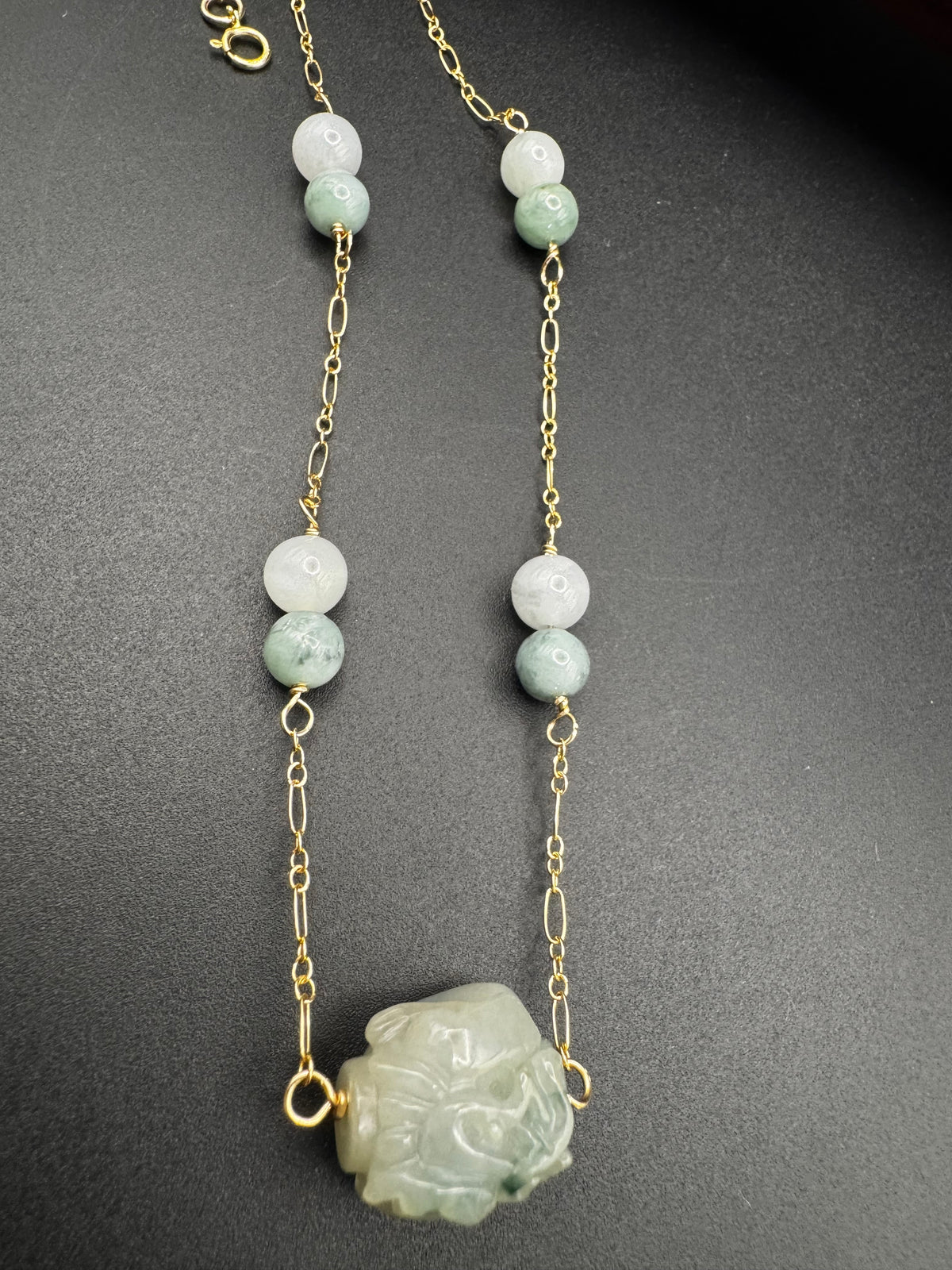 Jade Dragon carved bead on a gold filled chain
