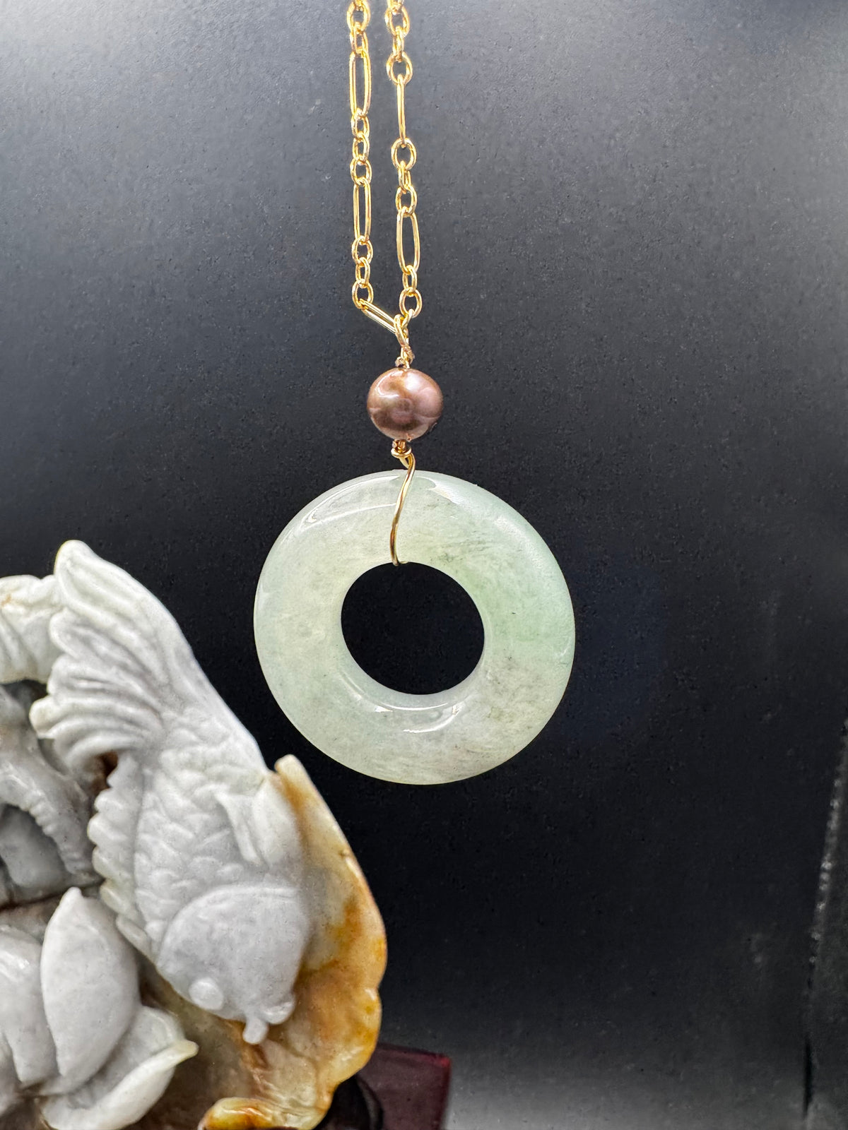 Icy Jade big hole donut pendant on gold filled chain