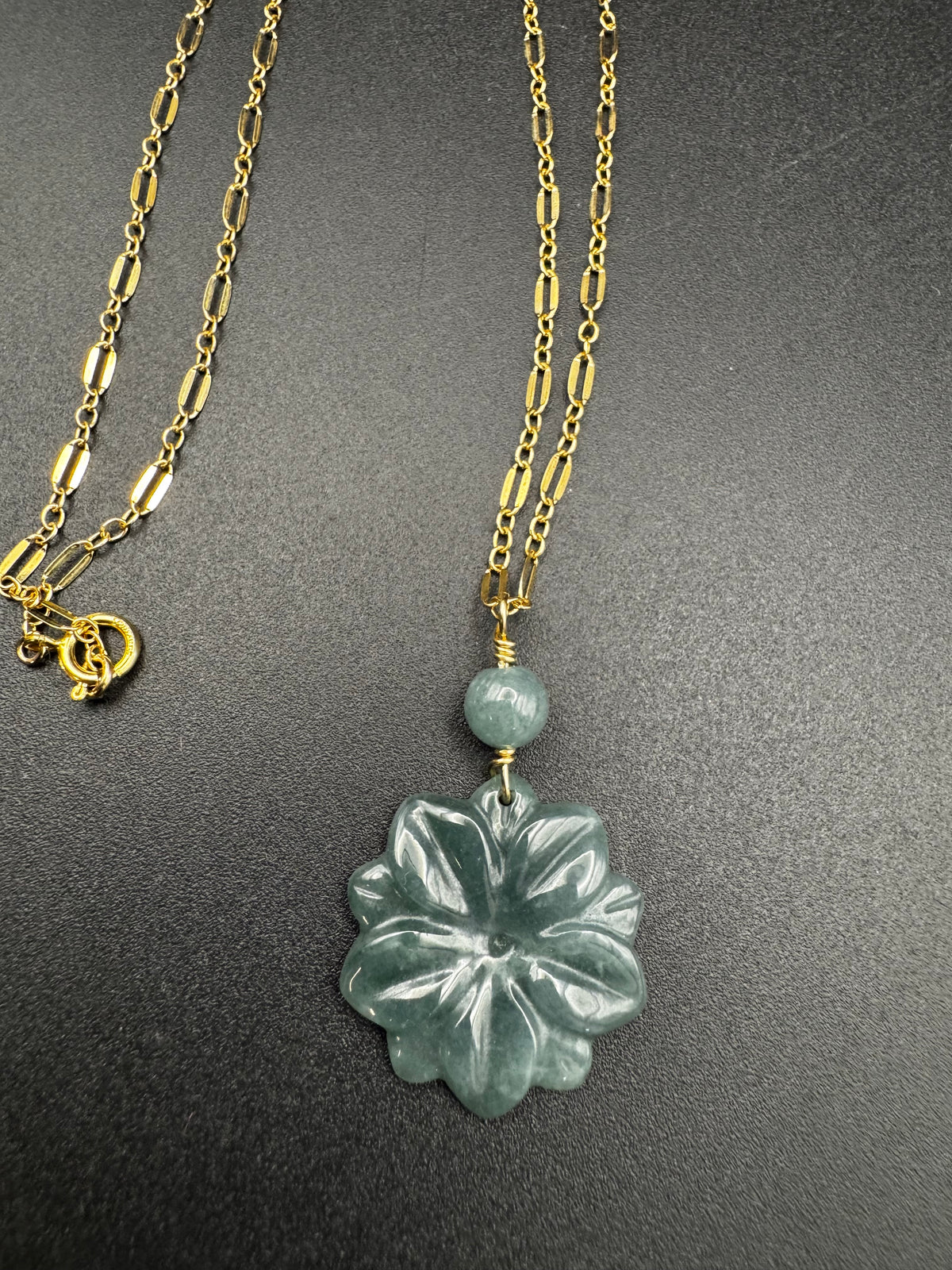 Blue Water Jade Flower on gold filled chain