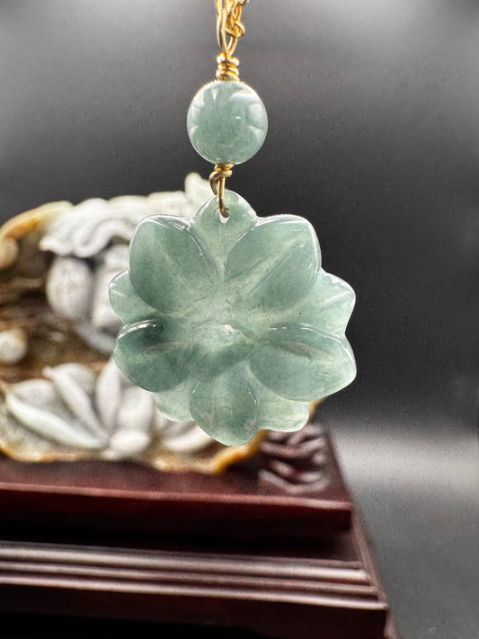 Blue Water Jade Flower on gold filled chain