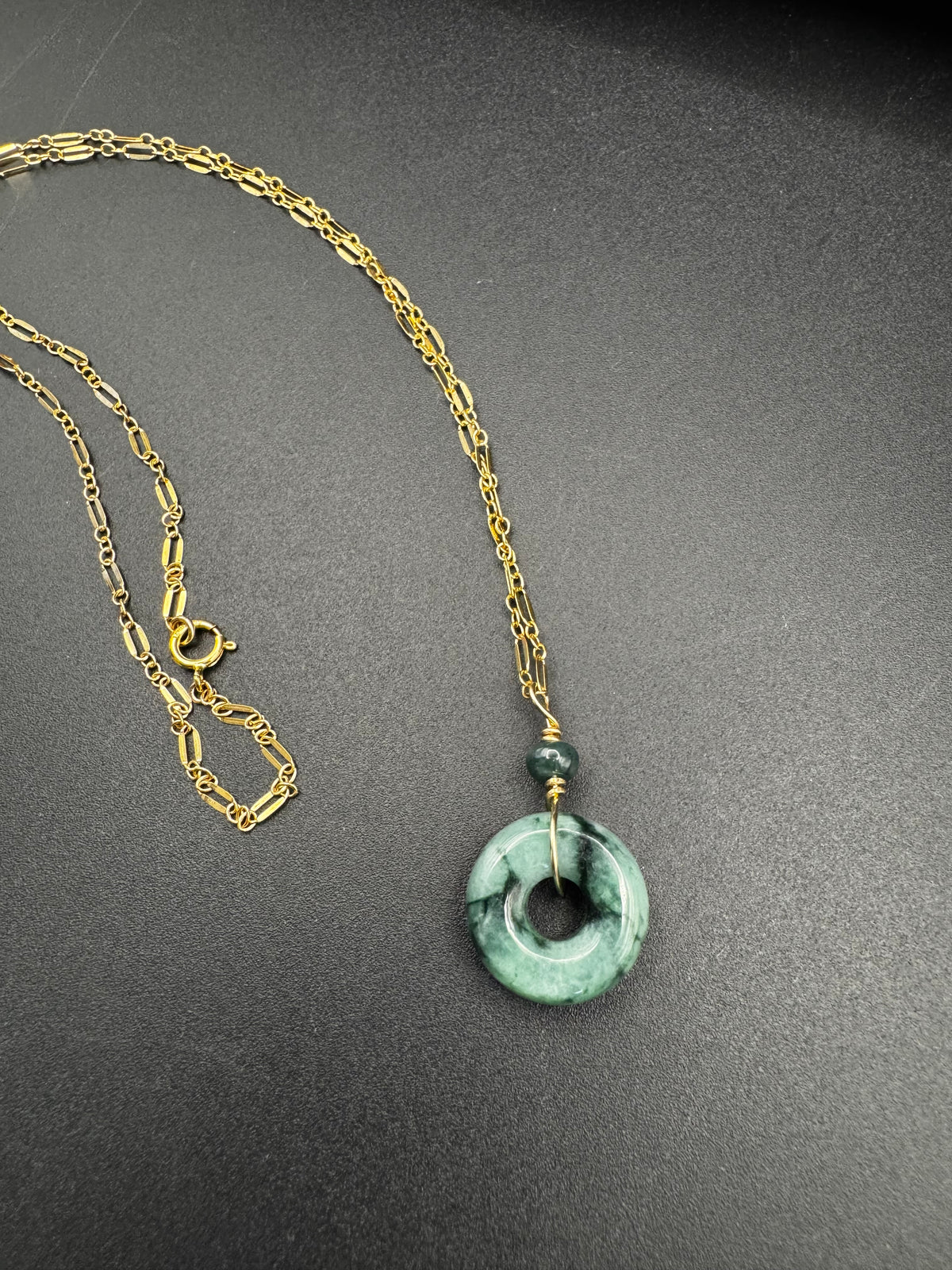Jade big hole donut and bead accent on gold filled chain