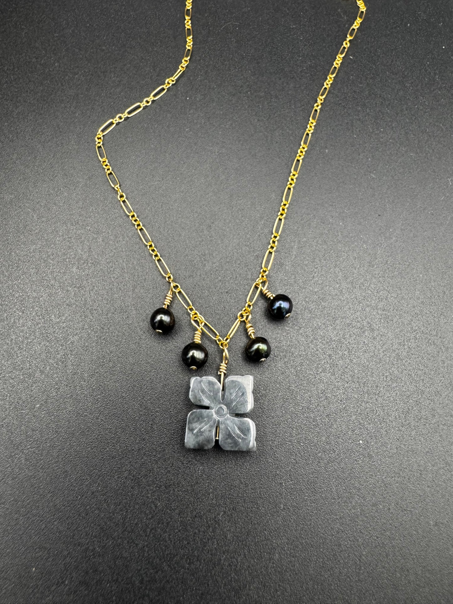 Wuji Jade with fresh water peacock pearls on gold filled necklace