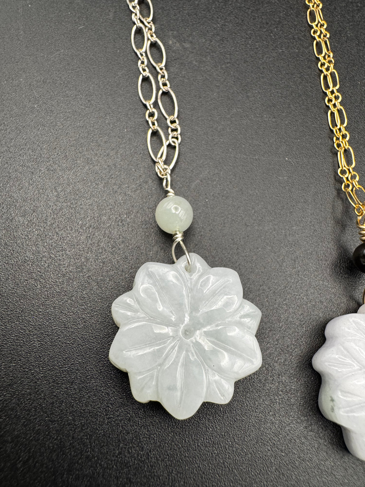 Jade Flower pendants on gold filled chains