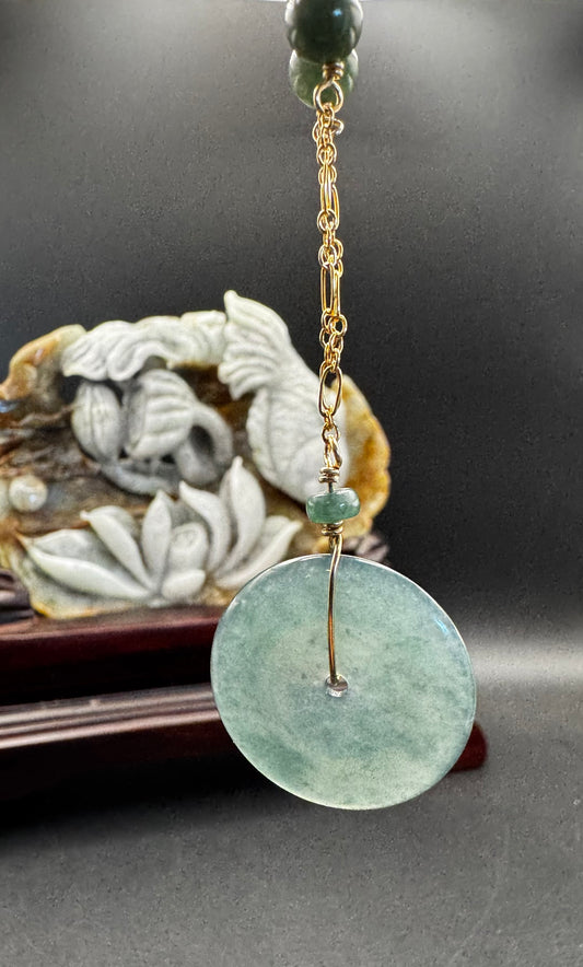 Blue Water Jade donut and beads on gold filled chain