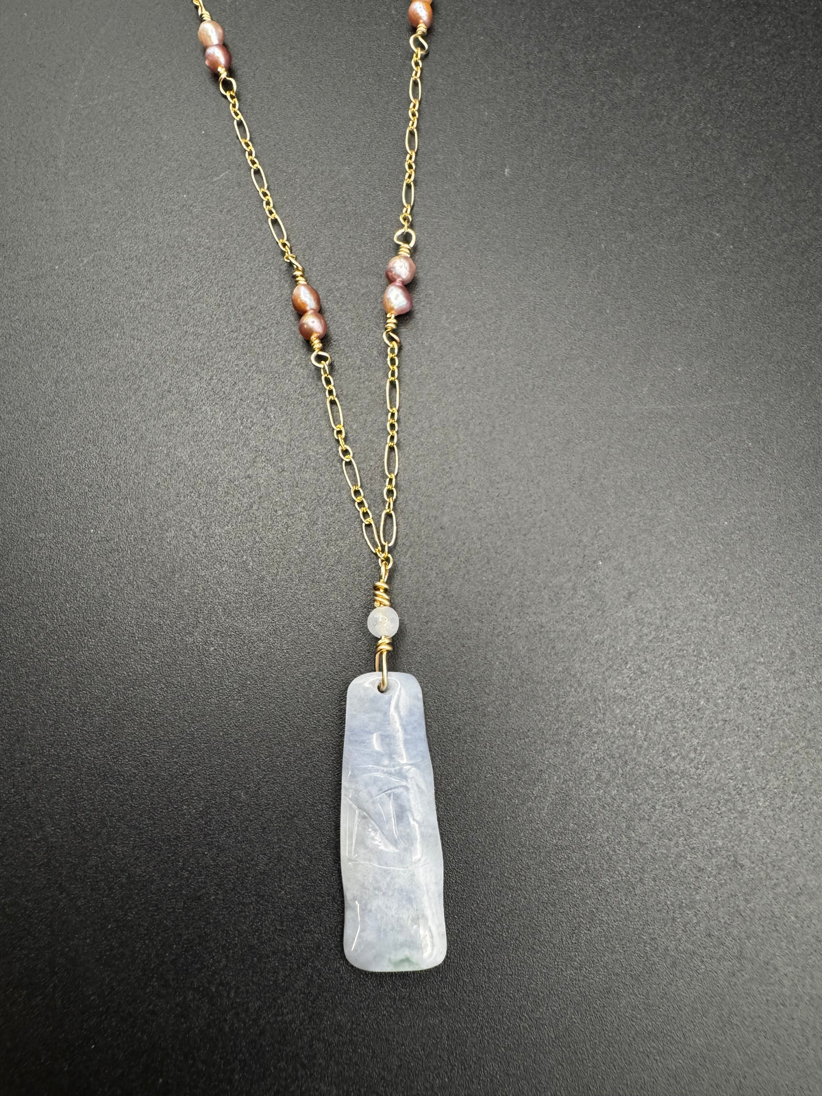 Lavender Jade bamboo with freshwater pearls on gold filled chain