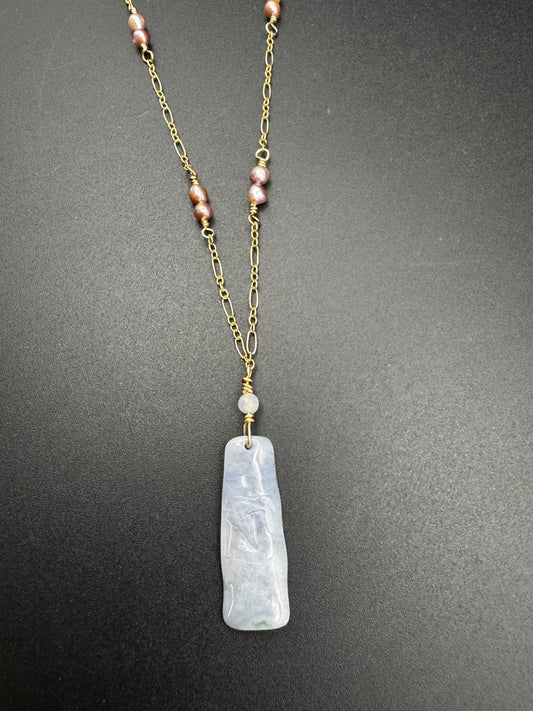 Lavender Jade bamboo with freshwater pearls on gold filled chain