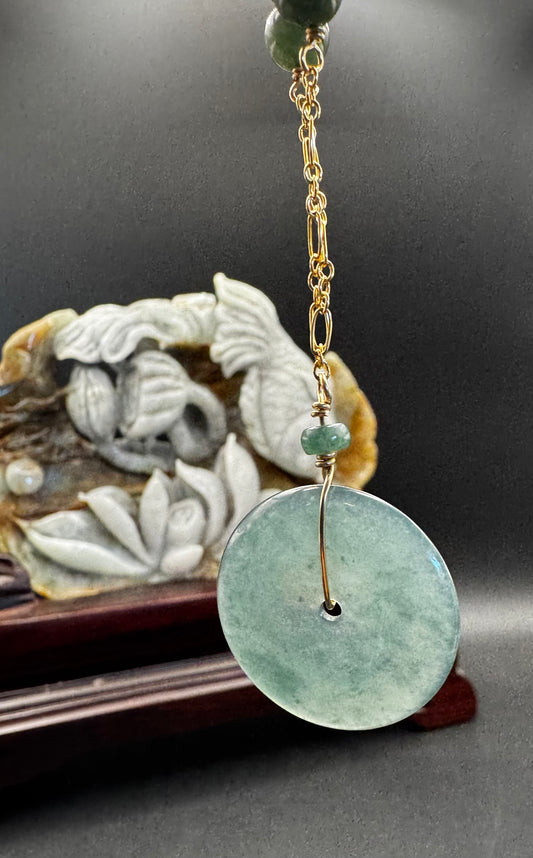 Blue Water Jade donut and beads on gold filled chain