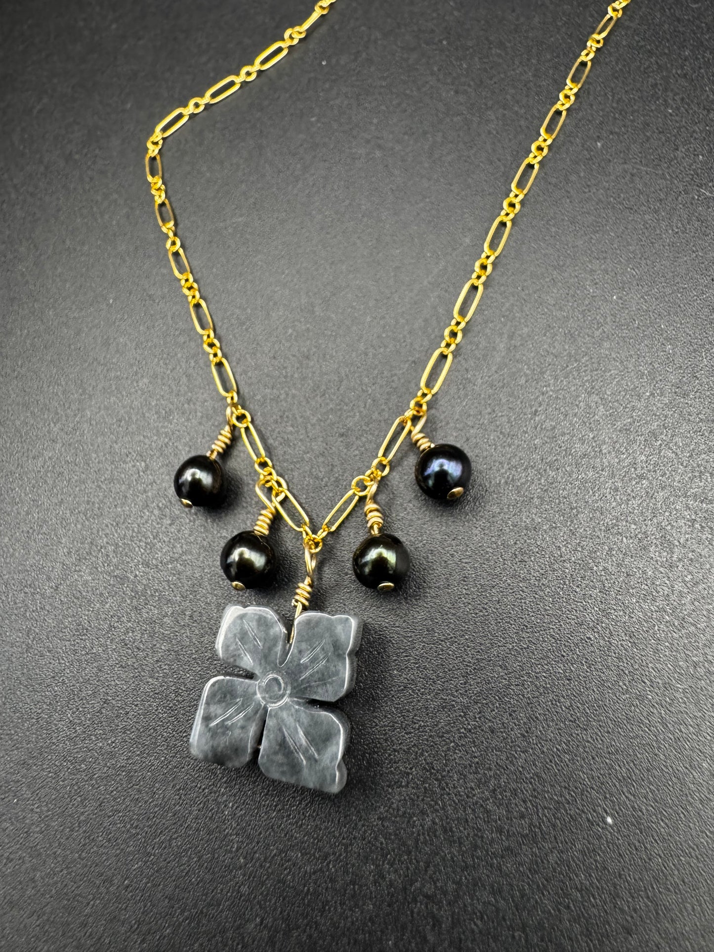Wuji Jade with fresh water peacock pearls on gold filled necklace