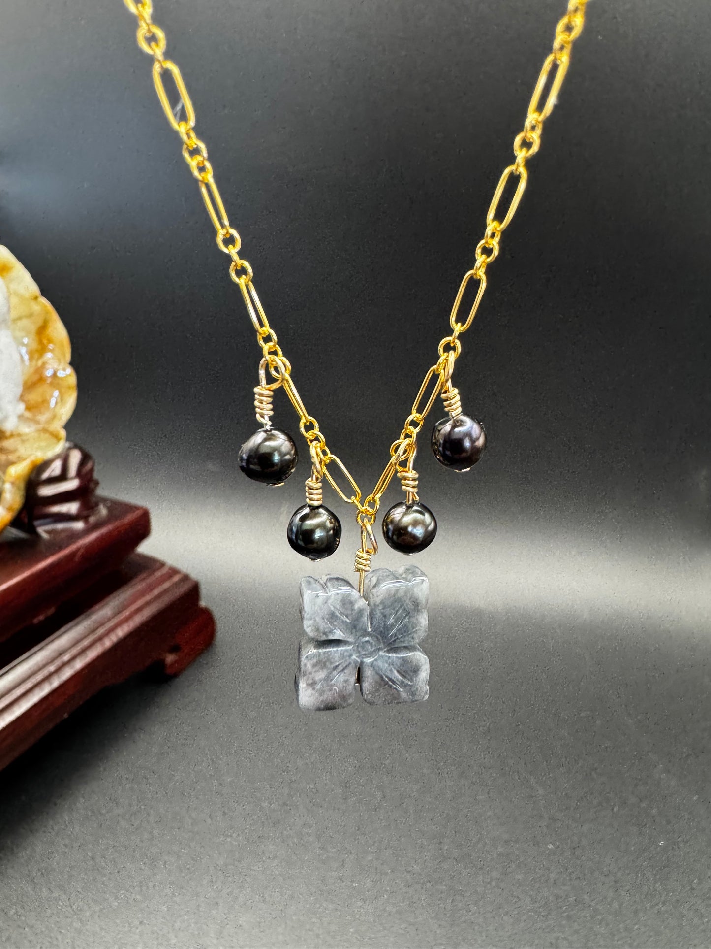 Wuji Jade with fresh water peacock pearls on gold filled necklace