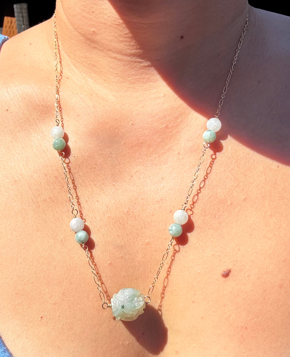 Jade Dragon carved bead on a gold filled chain