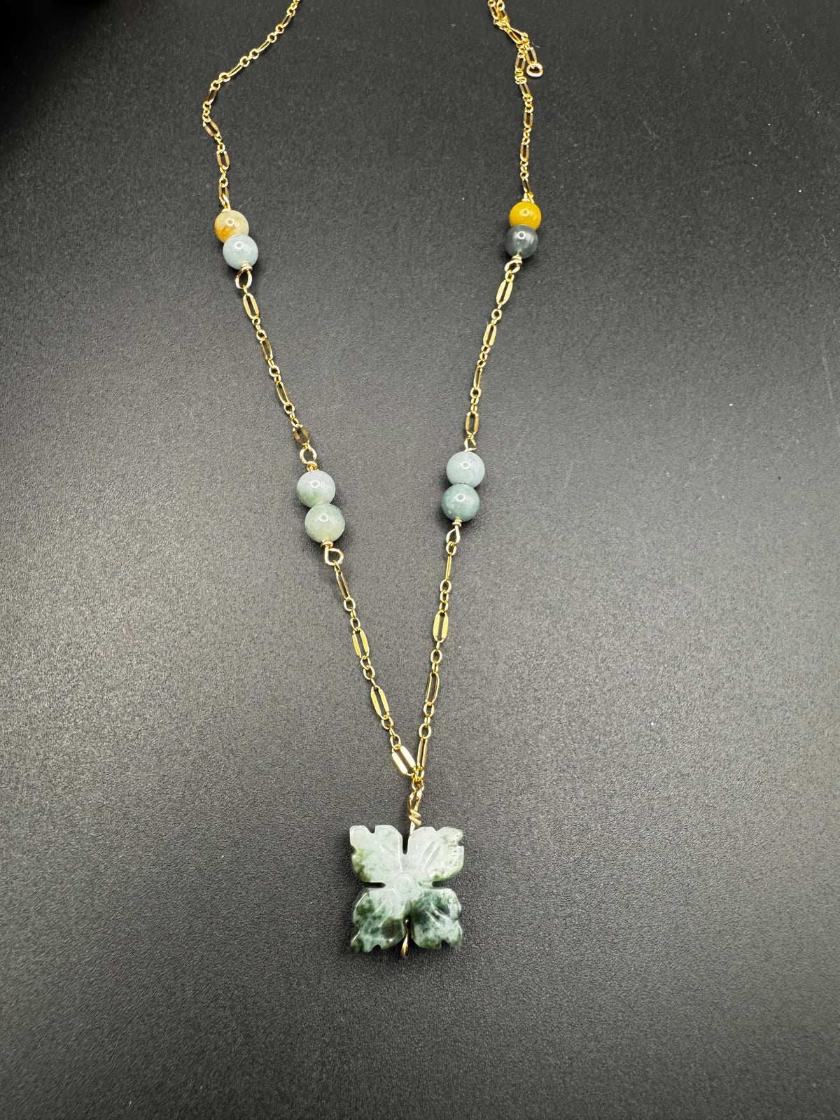 Jade flower pendant with Jade beads on gold filled chain