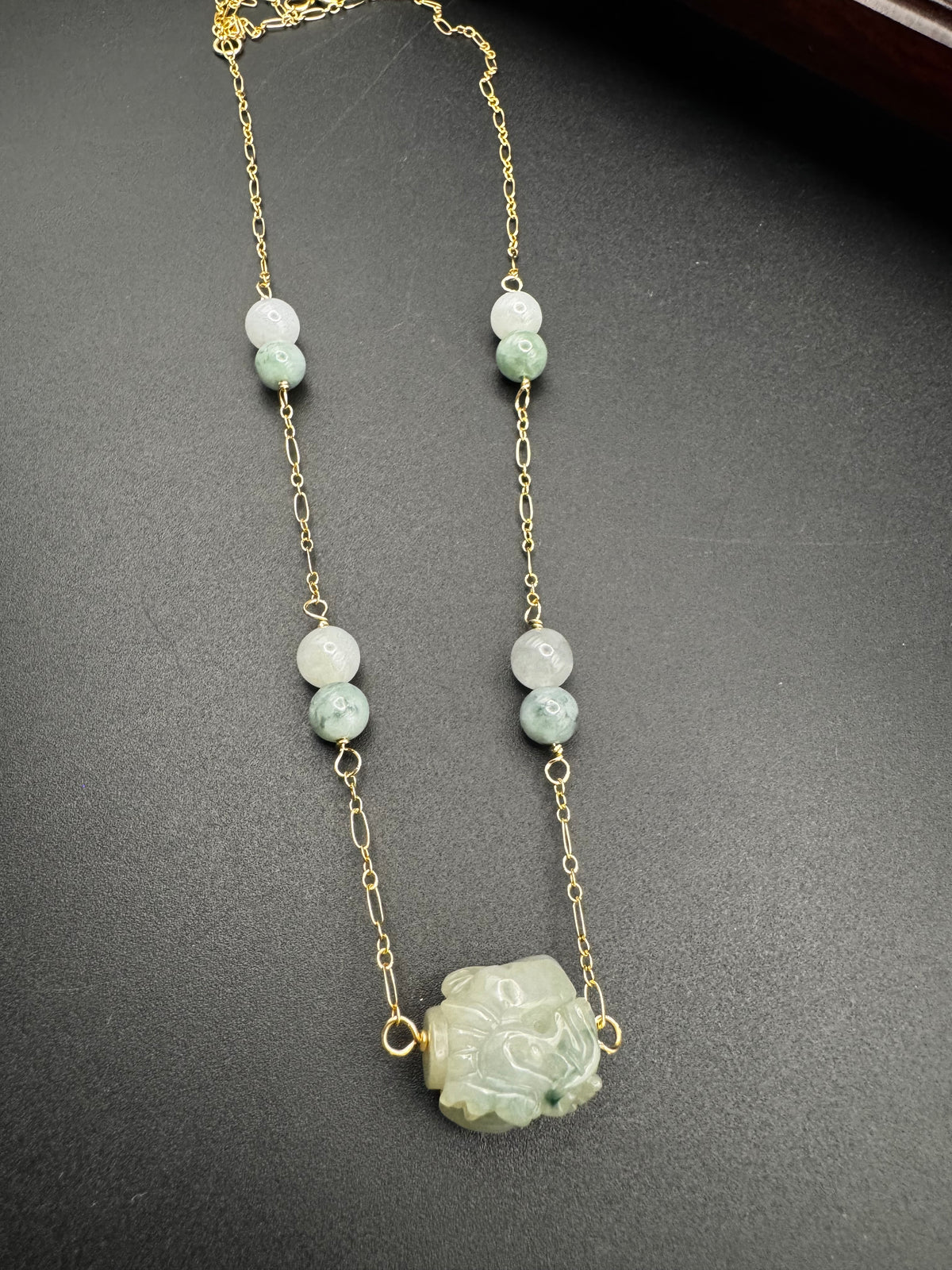 Jade Dragon carved bead on a gold filled chain