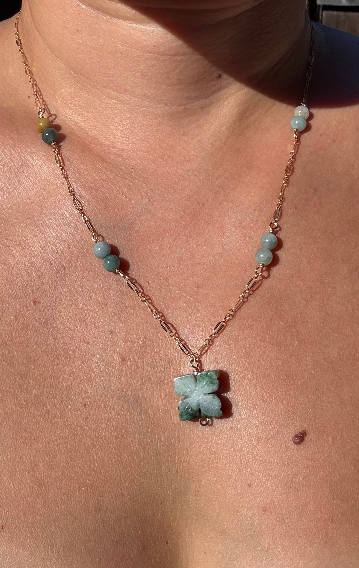 Jade flower pendant with Jade beads on gold filled chain
