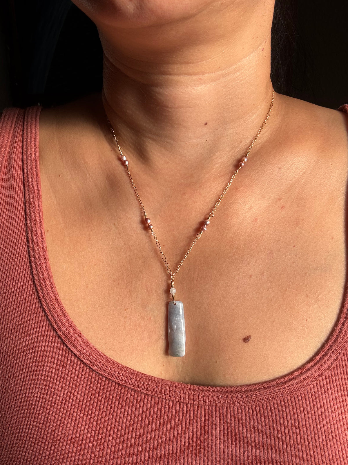 Lavender Jade bamboo with freshwater pearls on gold filled chain