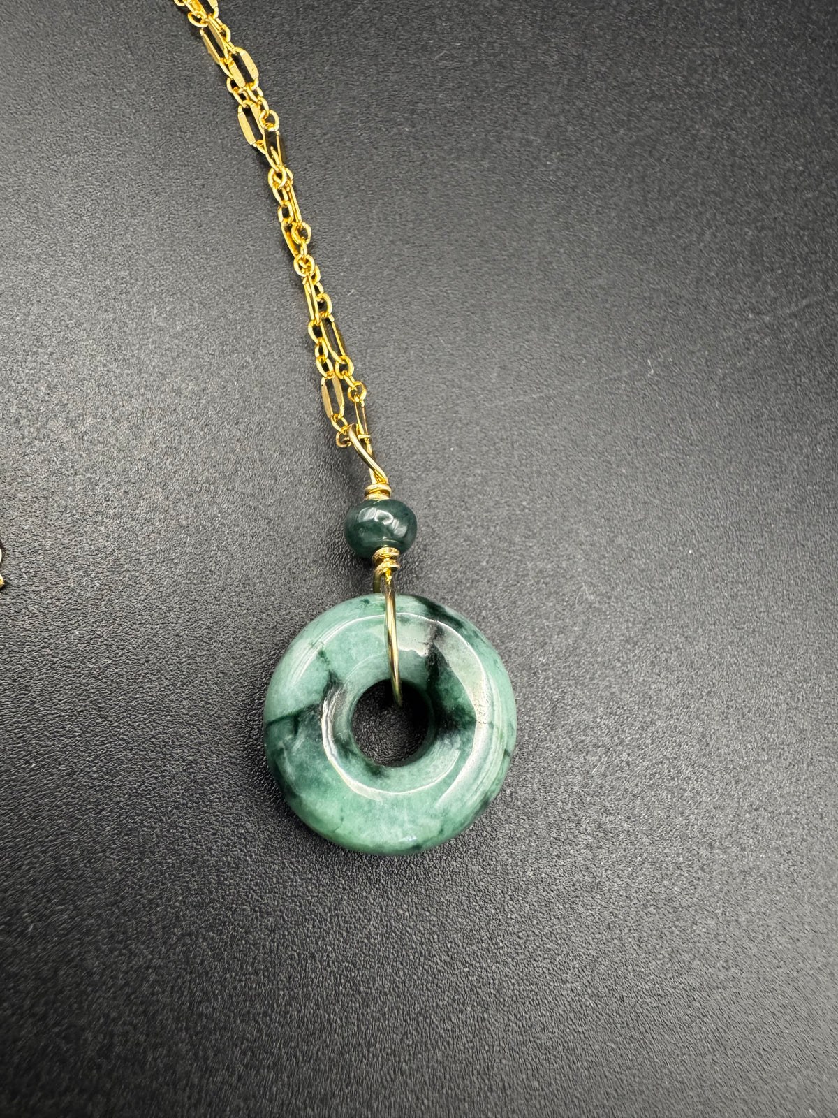 Jade big hole donut and bead accent on gold filled chain