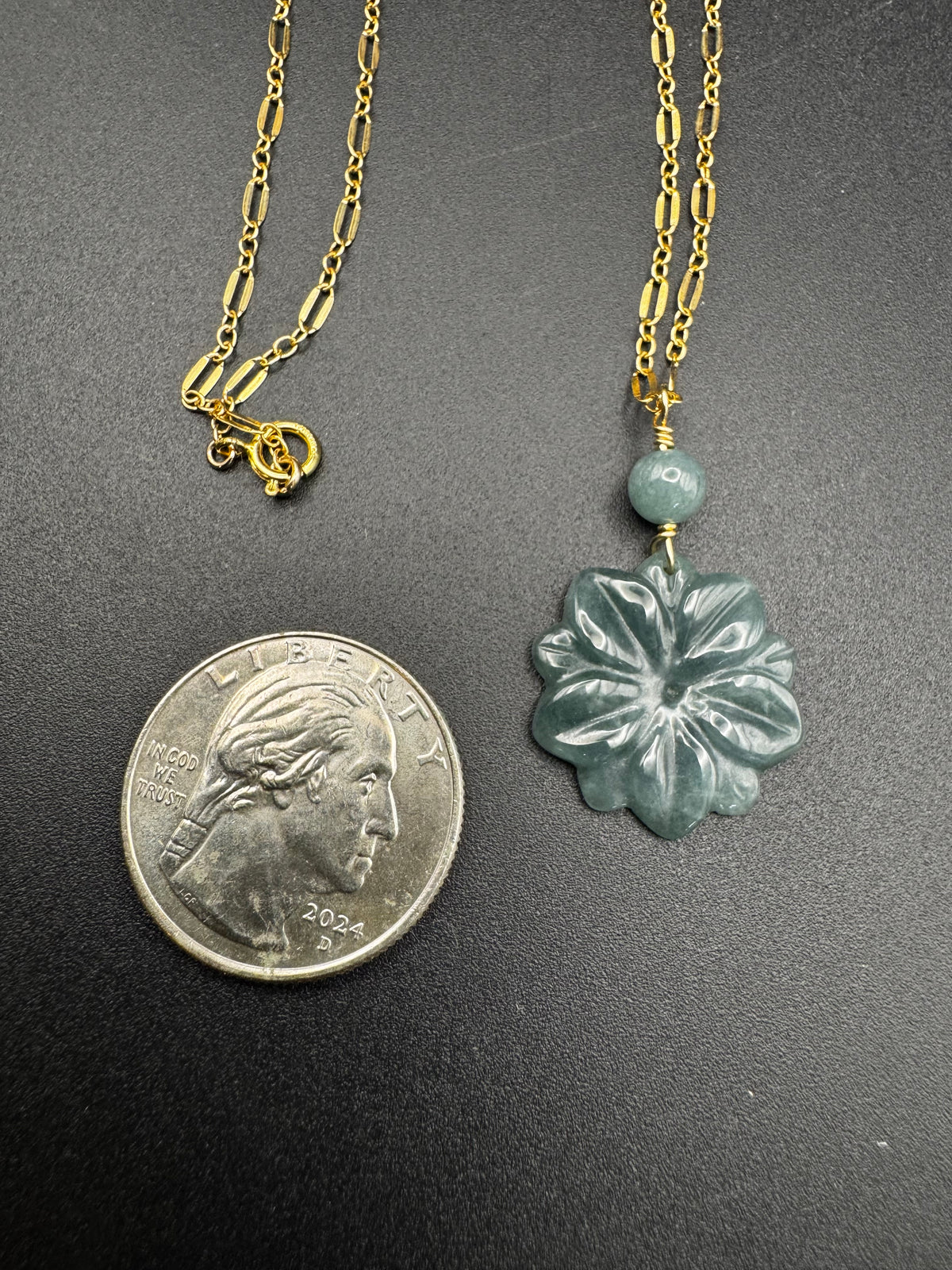 Blue Water Jade Flower on gold filled chain