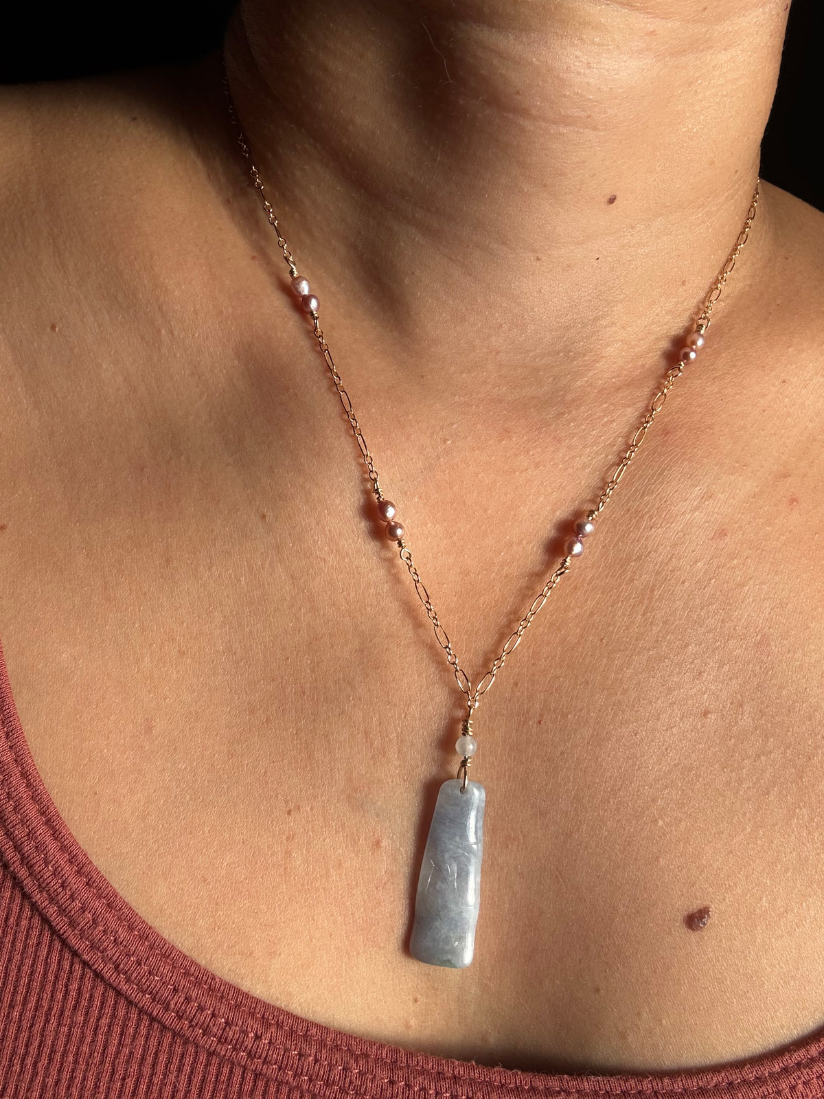 Lavender Jade bamboo with freshwater pearls on gold filled chain