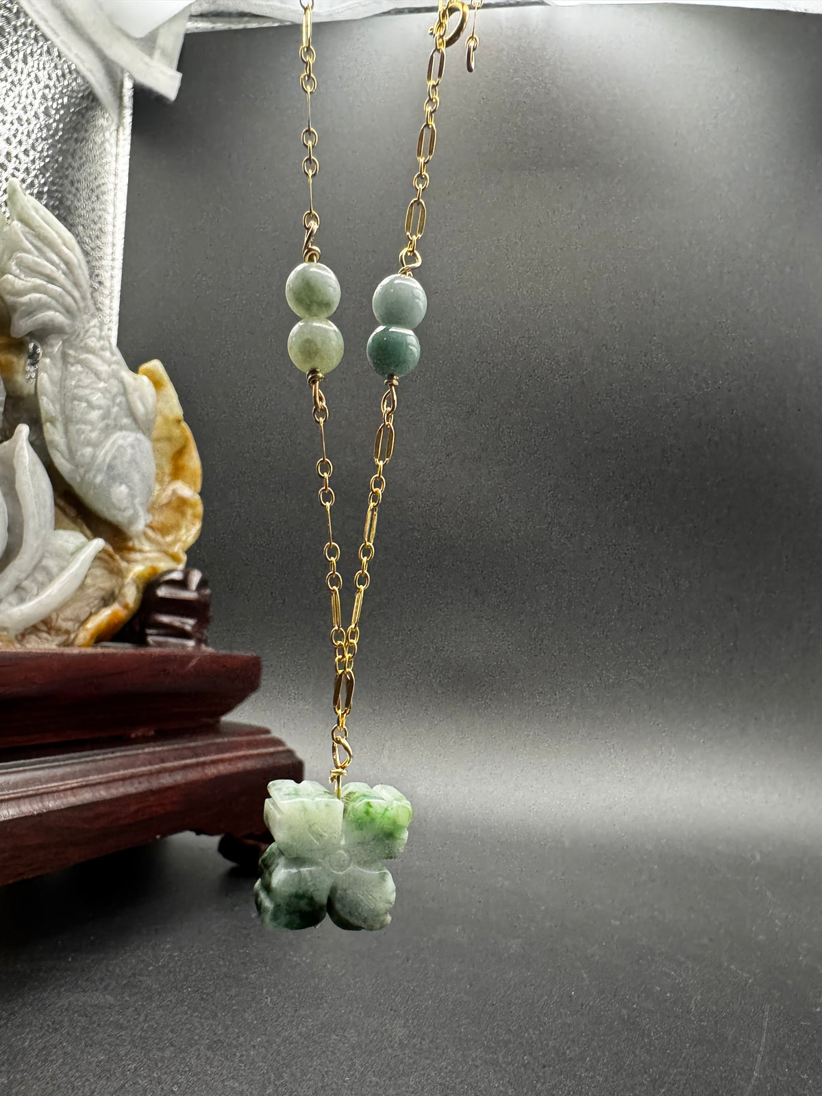 Jade flower pendant with Jade beads on gold filled chain