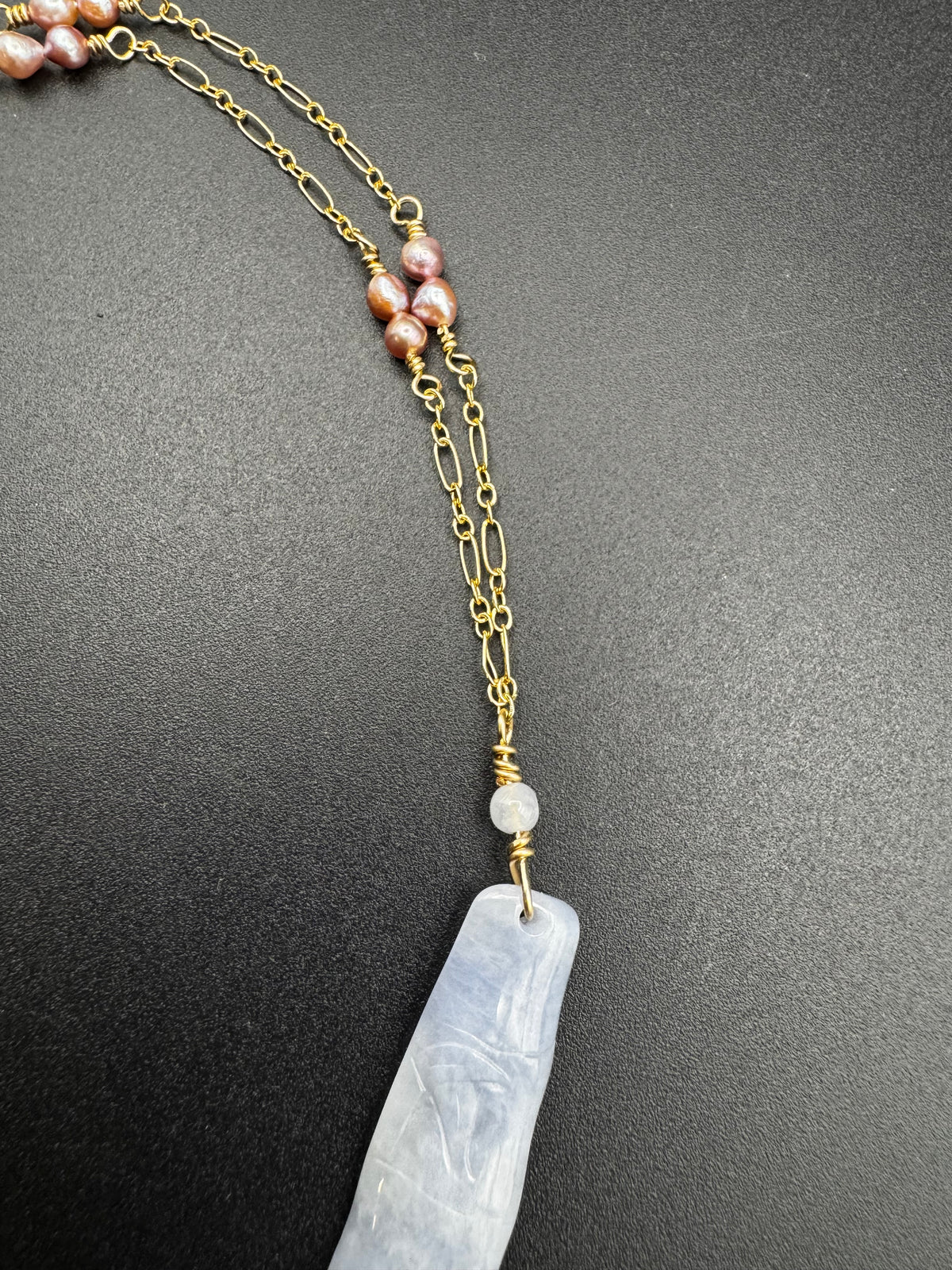 Lavender Jade bamboo with freshwater pearls on gold filled chain