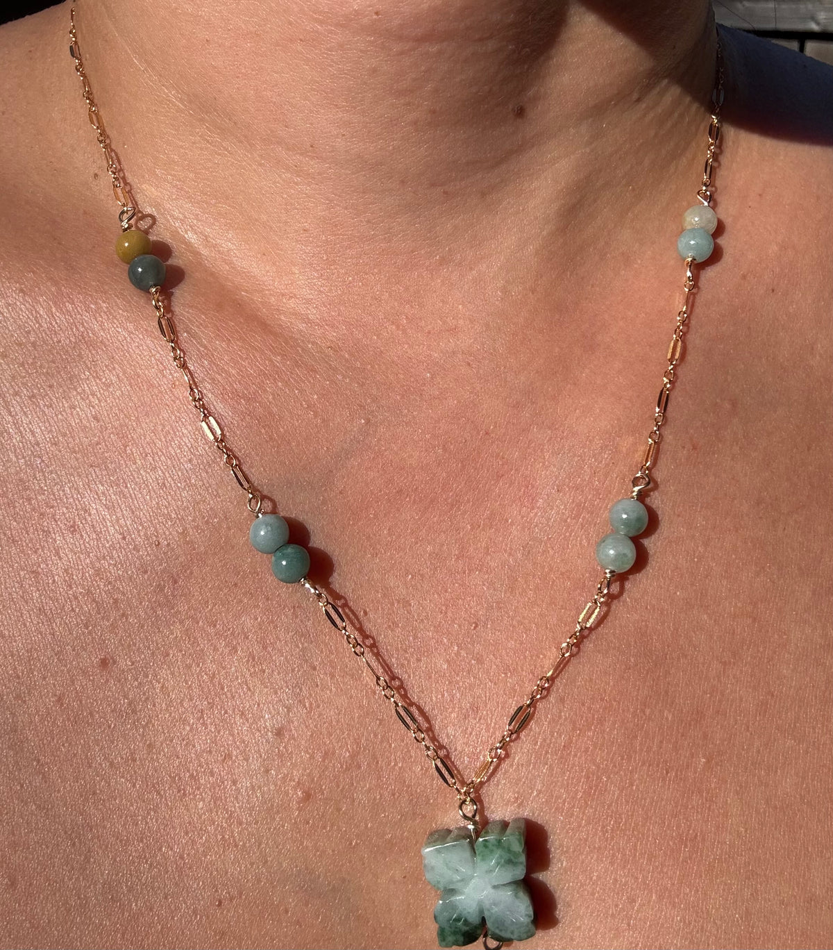 Jade flower pendant with Jade beads on gold filled chain