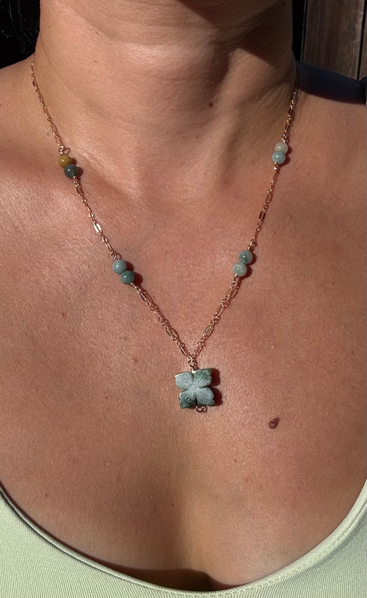 Jade flower pendant with Jade beads on gold filled chain