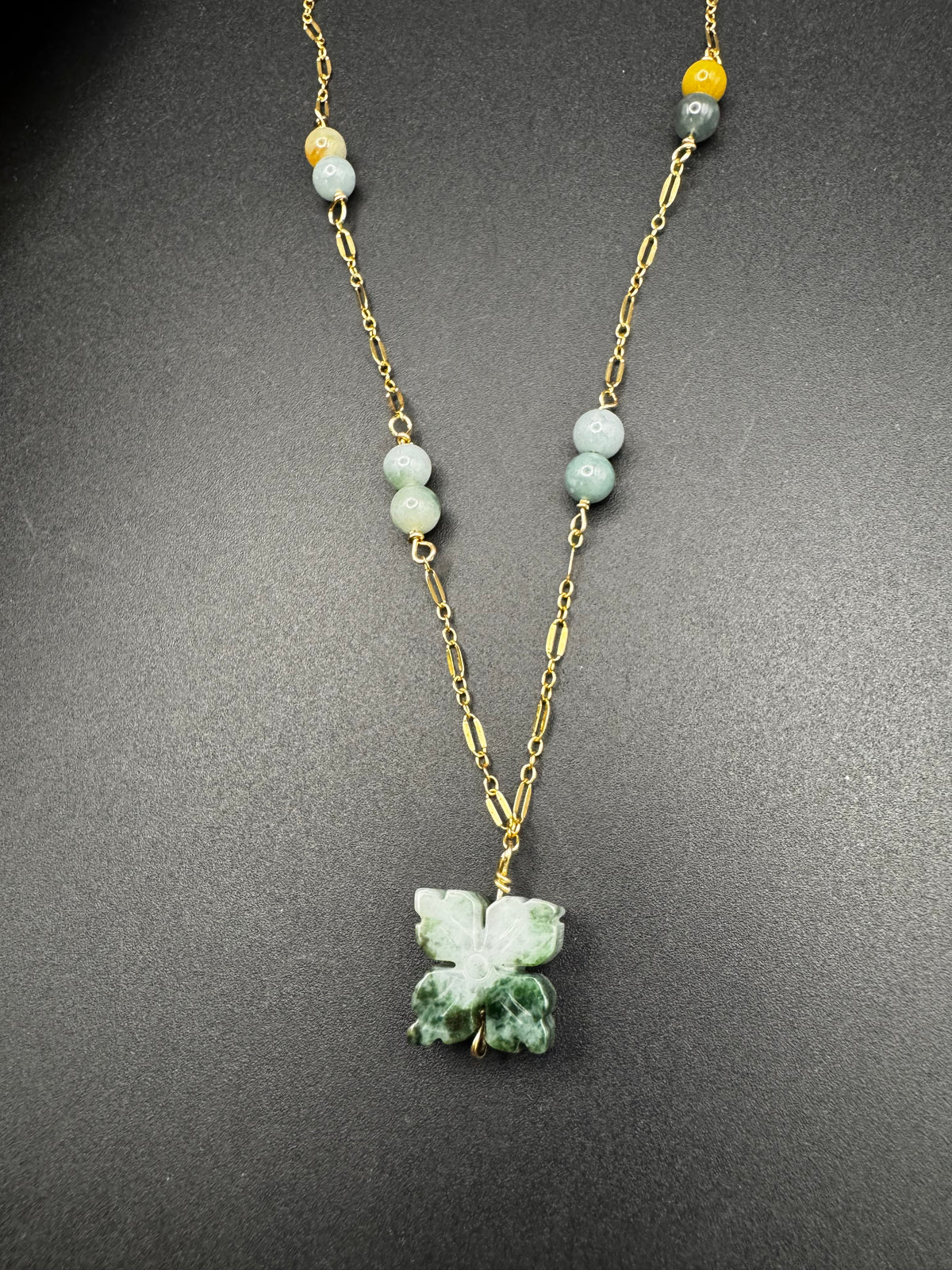 Jade flower pendant with Jade beads on gold filled chain