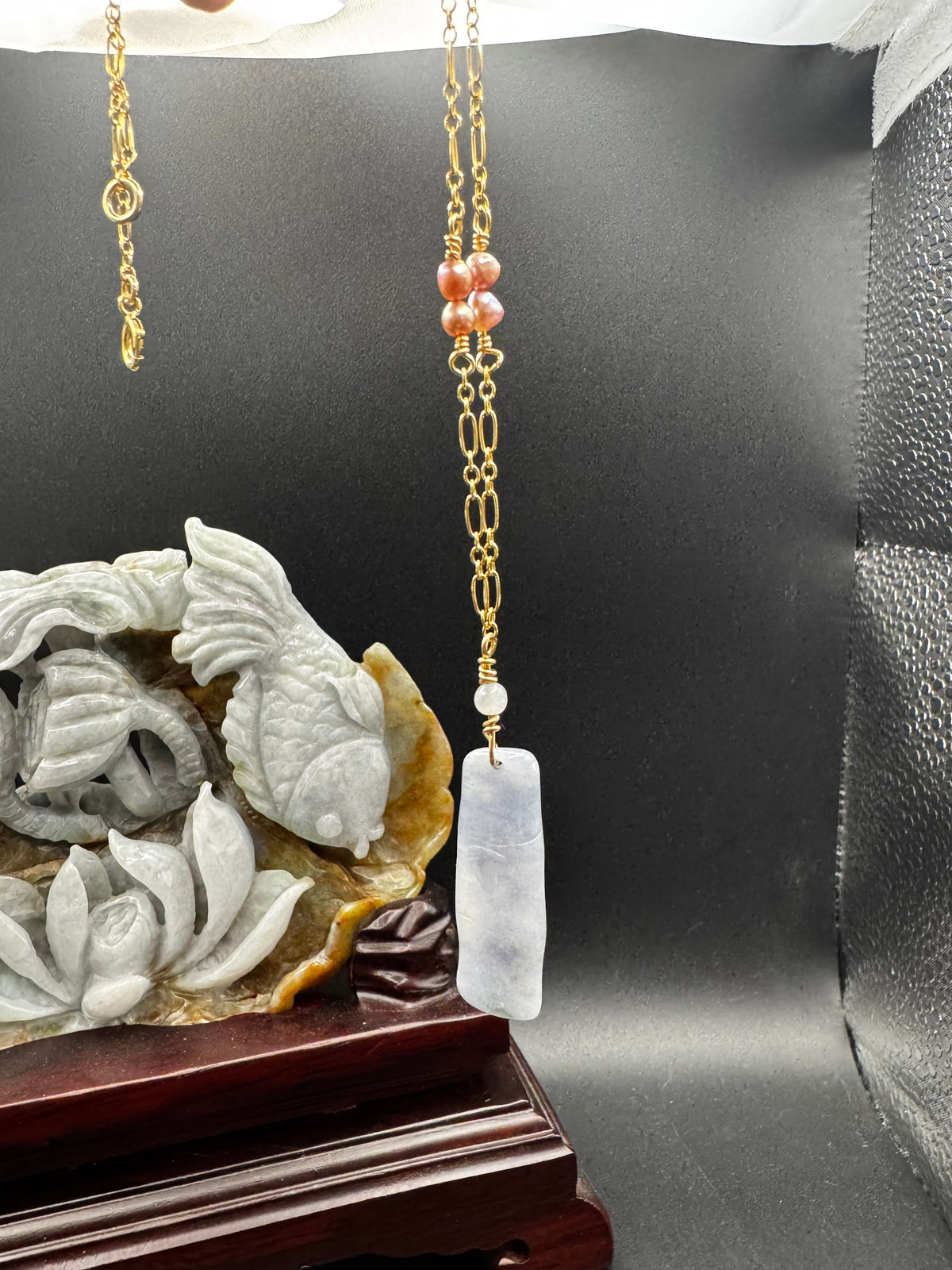 Lavender Jade bamboo with freshwater pearls on gold filled chain