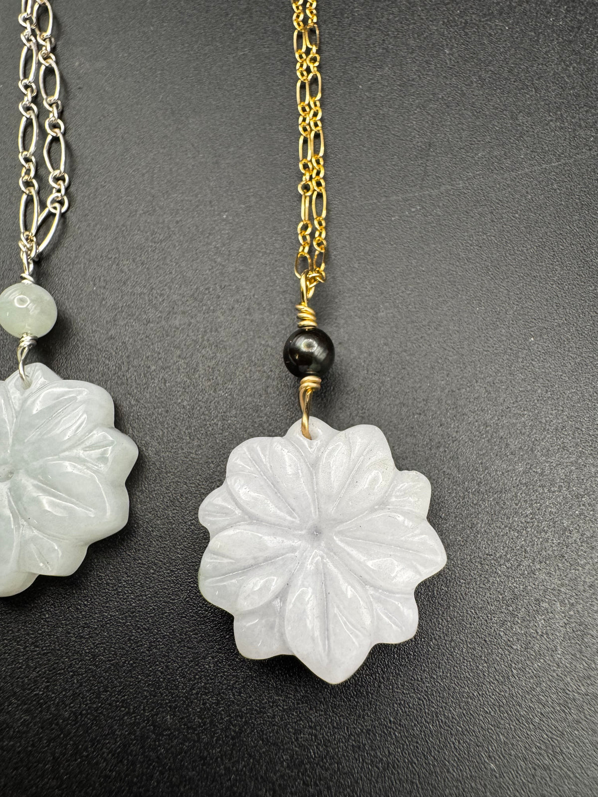 Jade Flower pendants on gold filled chains