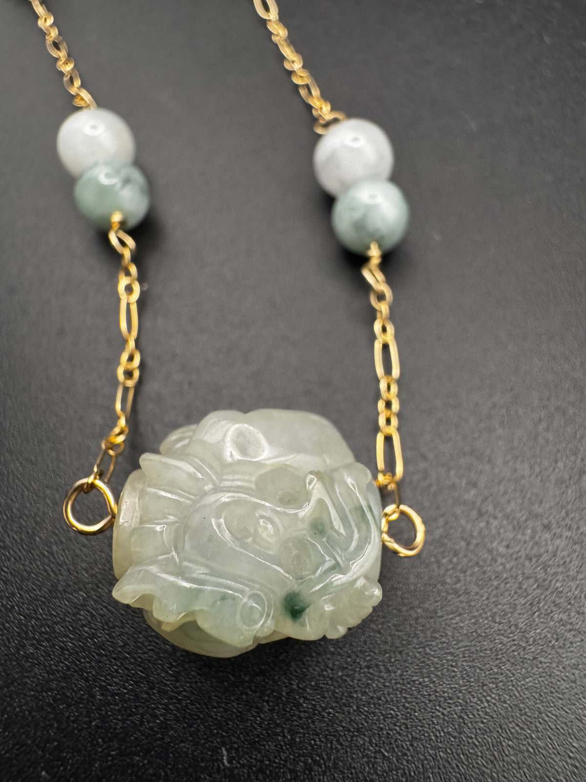 Jade Dragon carved bead on a gold filled chain