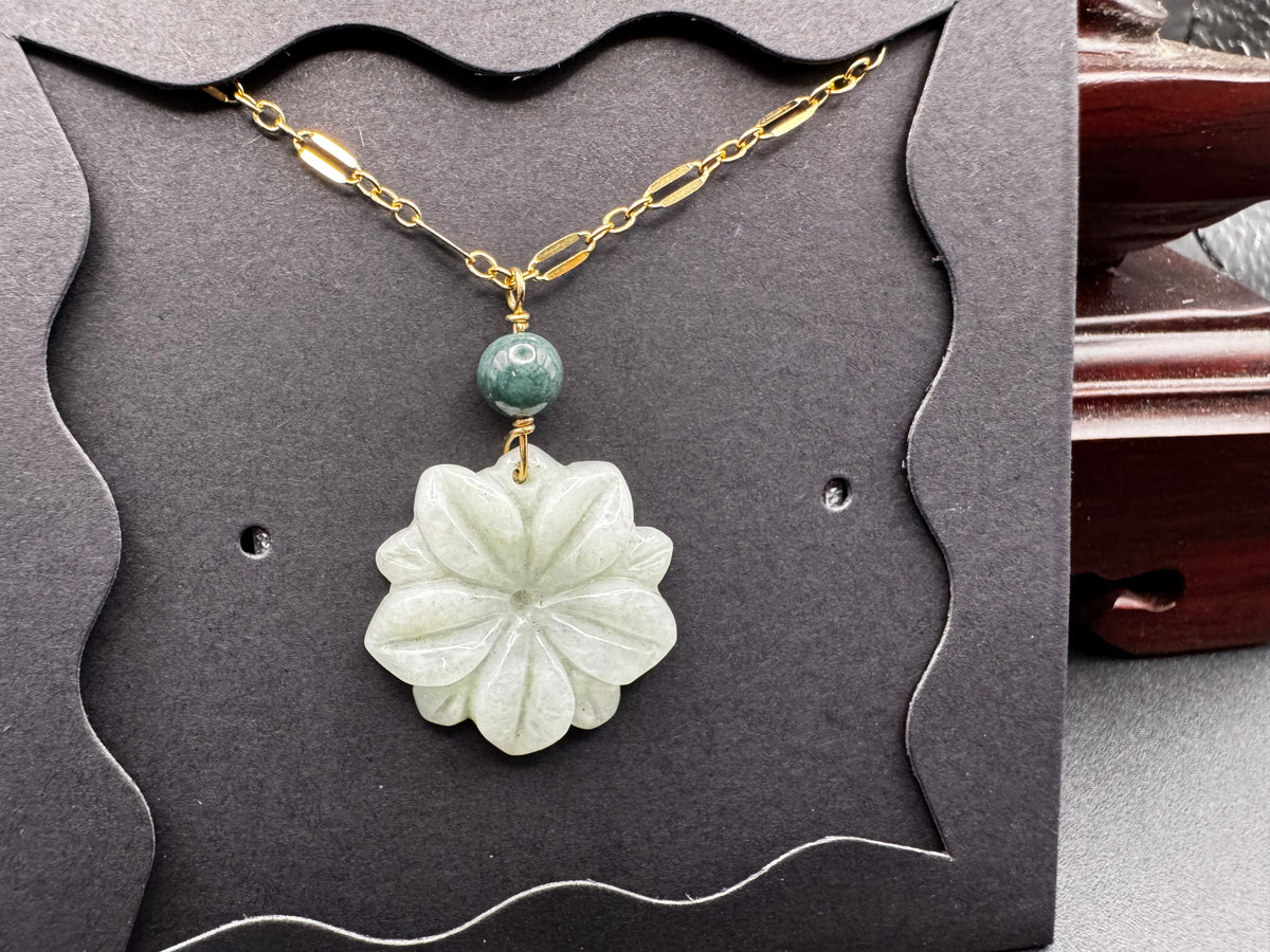 Jade Flower pendants on gold filled chains