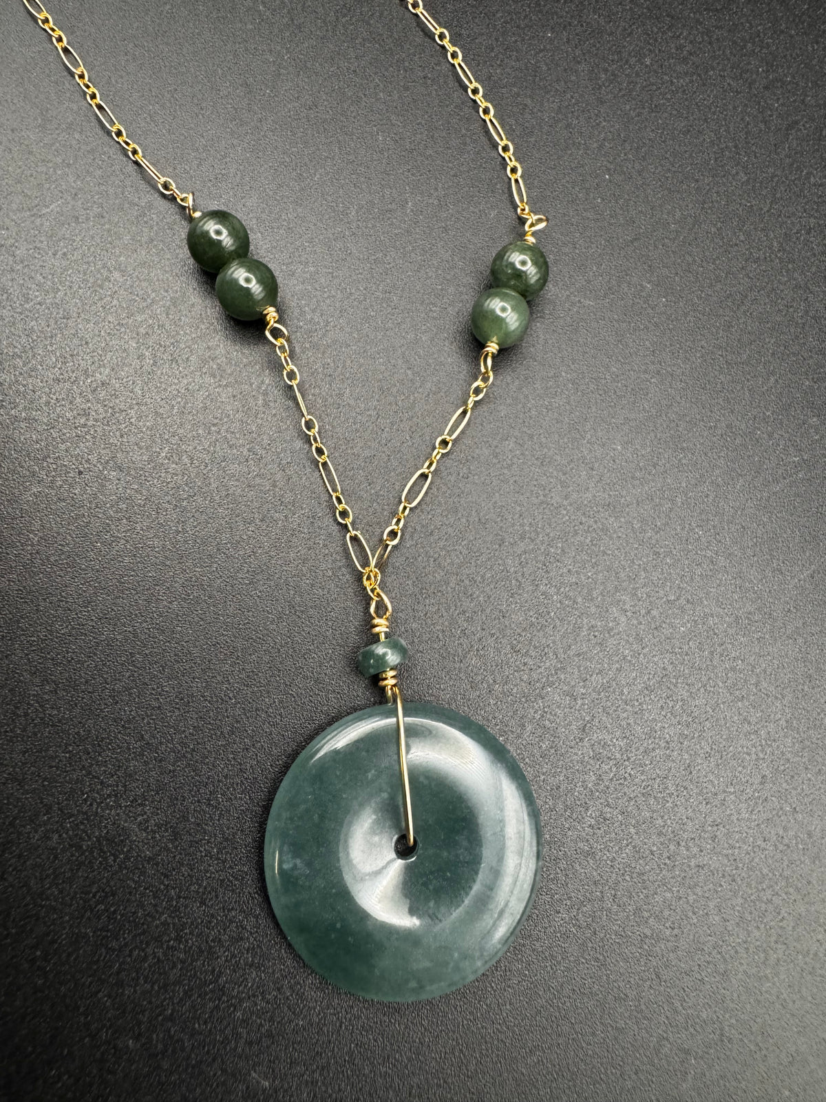 Blue Water Jade donut and beads on gold filled chain