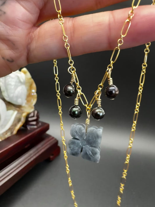 Wuji Jade with fresh water peacock pearls on gold filled necklace